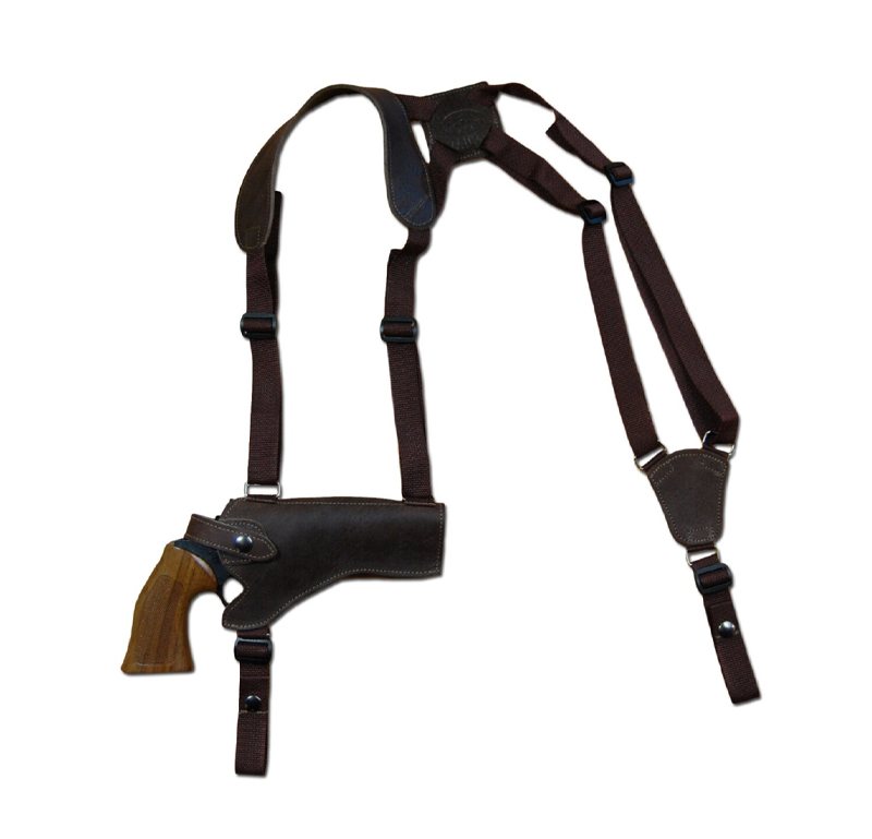 Funda de hombro horizontal de cuero marrón para revólveres con arnés de cinta - Vista 6