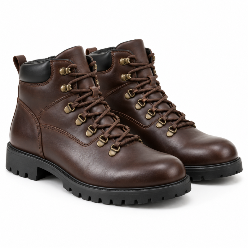Pair of dark brown leather hiking boots with black padded collars and black lug soles.