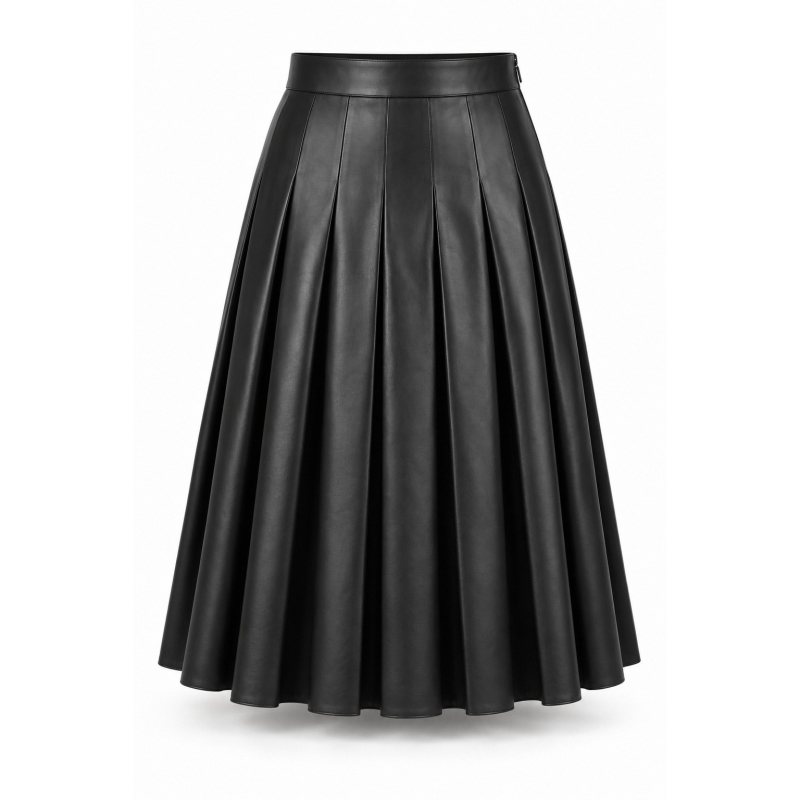 Falda midi plisada de piel a medida - Frontal completo y pliegues