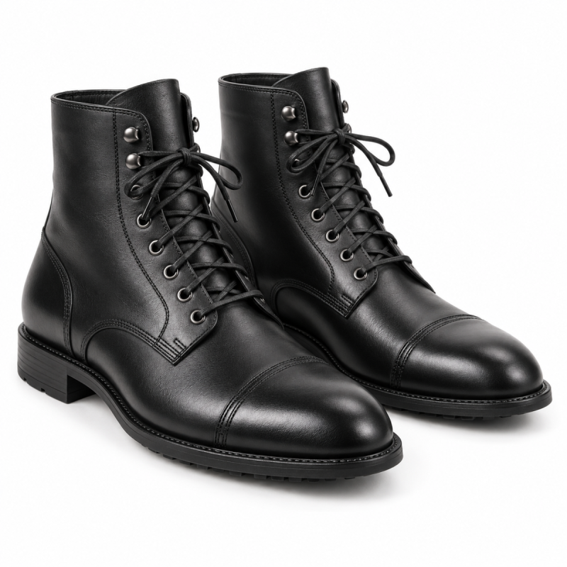 Pair of black leather cap toe lace-up boots with tonal stitching and low heels on a white background.