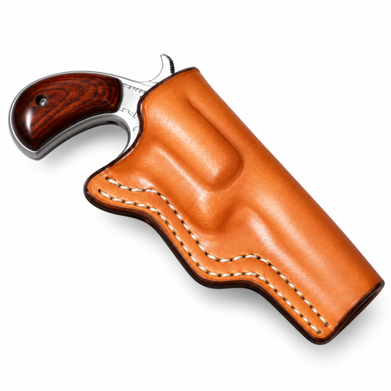 Funda de cuero moldeada en húmedo color canela hecha a mano con revólver compacto, perfil lateral