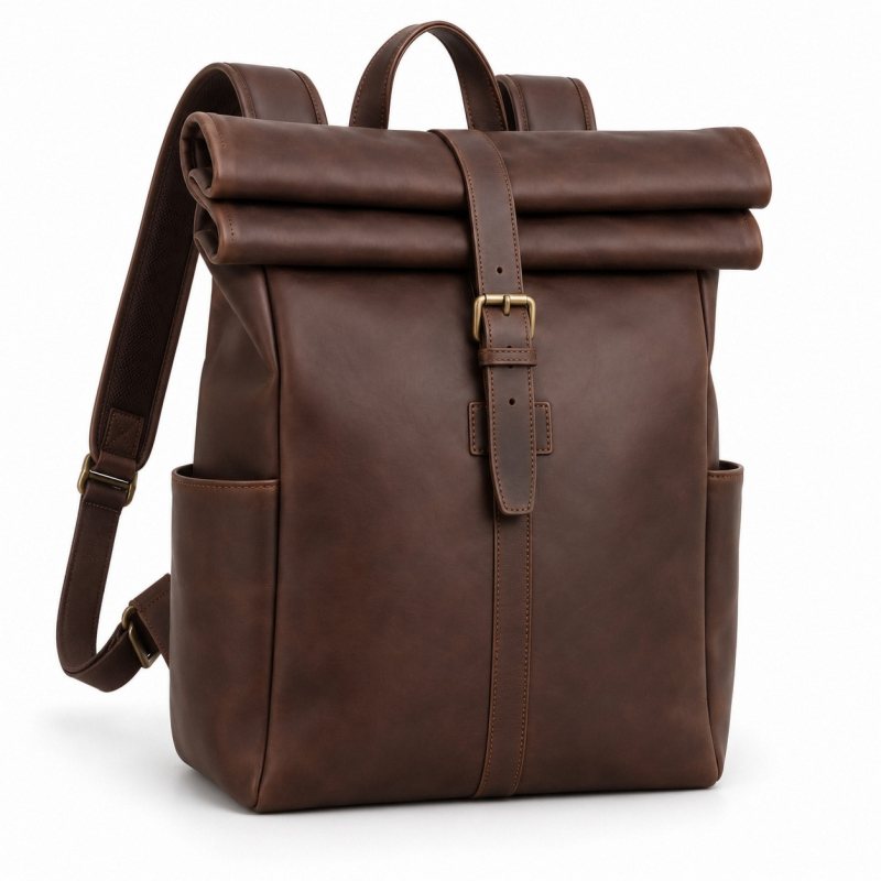Mochila de viaje de piel con cierre enrollable - Boca enrollada y hebilla frontal