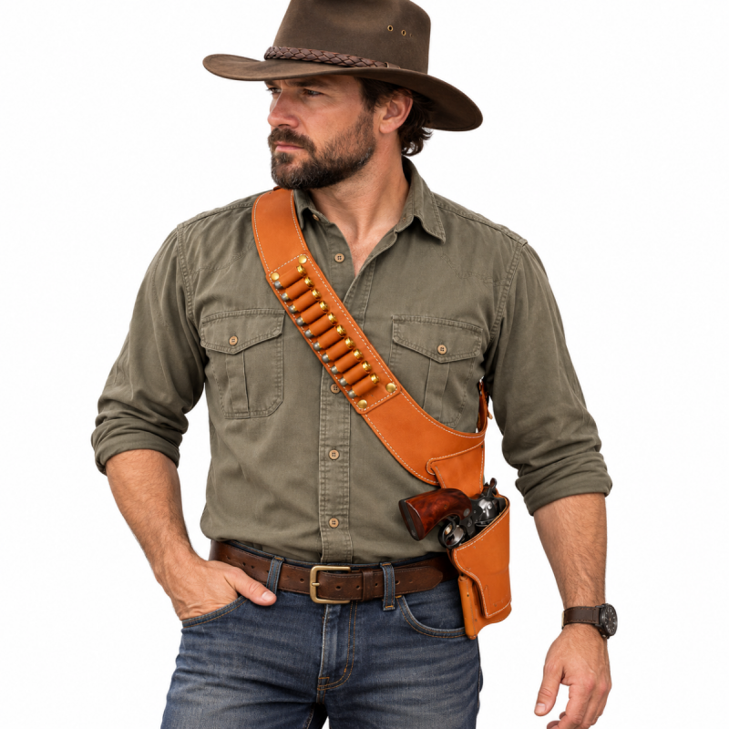 Funda Western de hombro de cuero marrón para revólver y porte cruzado con bandolera de munición - Vista 2