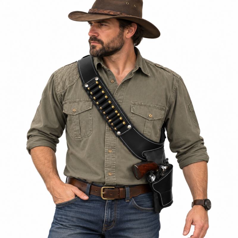 Funda Western de hombro de cuero negro para revólver y porte cruzado con bandolera de munición