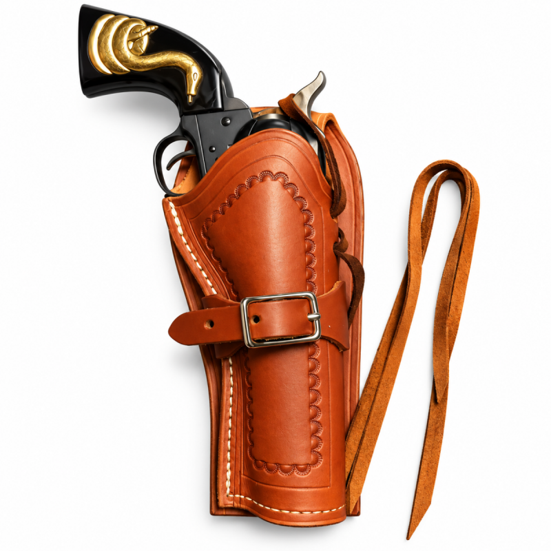 Funda para revólver de cuero occidental color canela con correa de hebilla tradicional y cordones de cuero