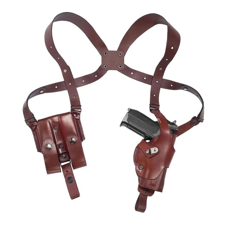 Funda de hombro vertical Roto de cuero marrón con portacargador doble y cierre de pulgar de acero - Vista 1