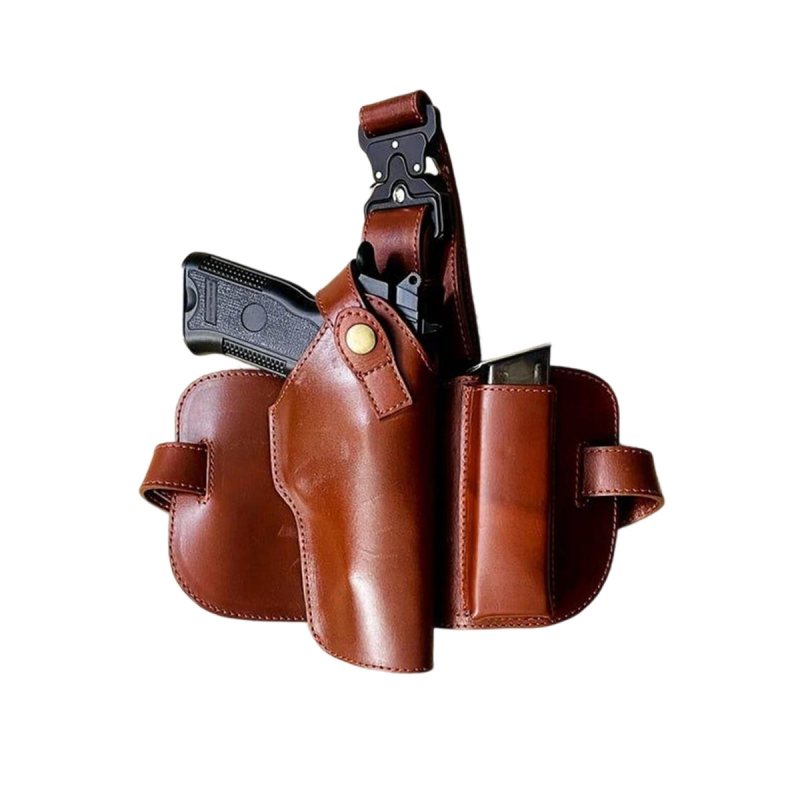 Funda táctica de pernera de cuero marrón con bolsa para clips - Vista 1