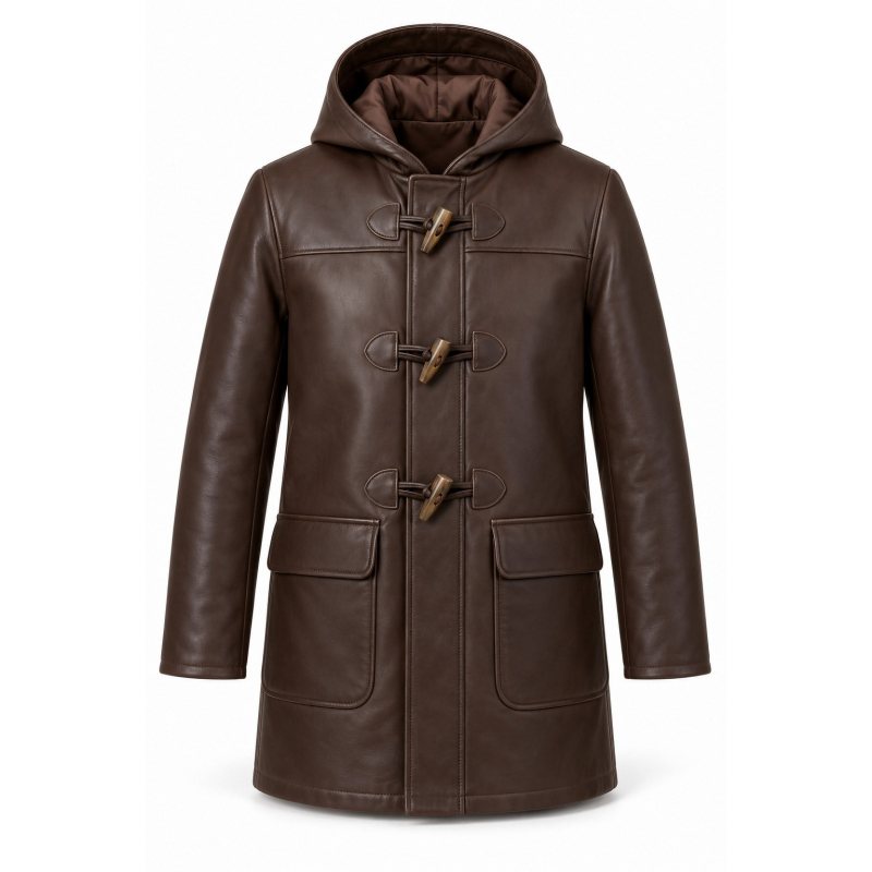 Abrigo duffle de piel a medida con trencas - Frontal completo con capucha y tres trencas