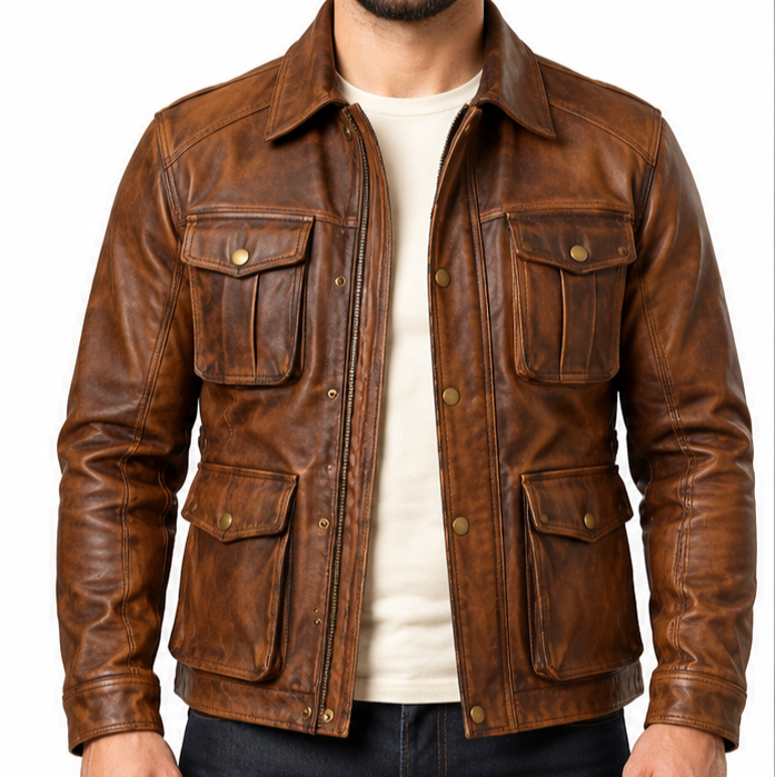 Chaqueta de campo de cuero marrón coñac vintage para hombre - Vista 1