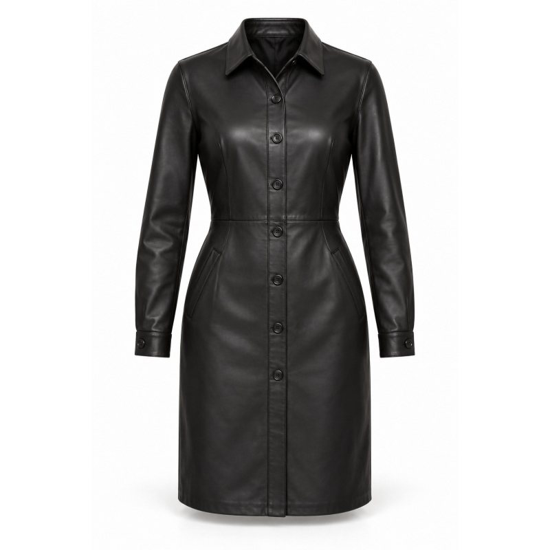 Vestido camisero de piel para mujer a medida - Vista frontal completa