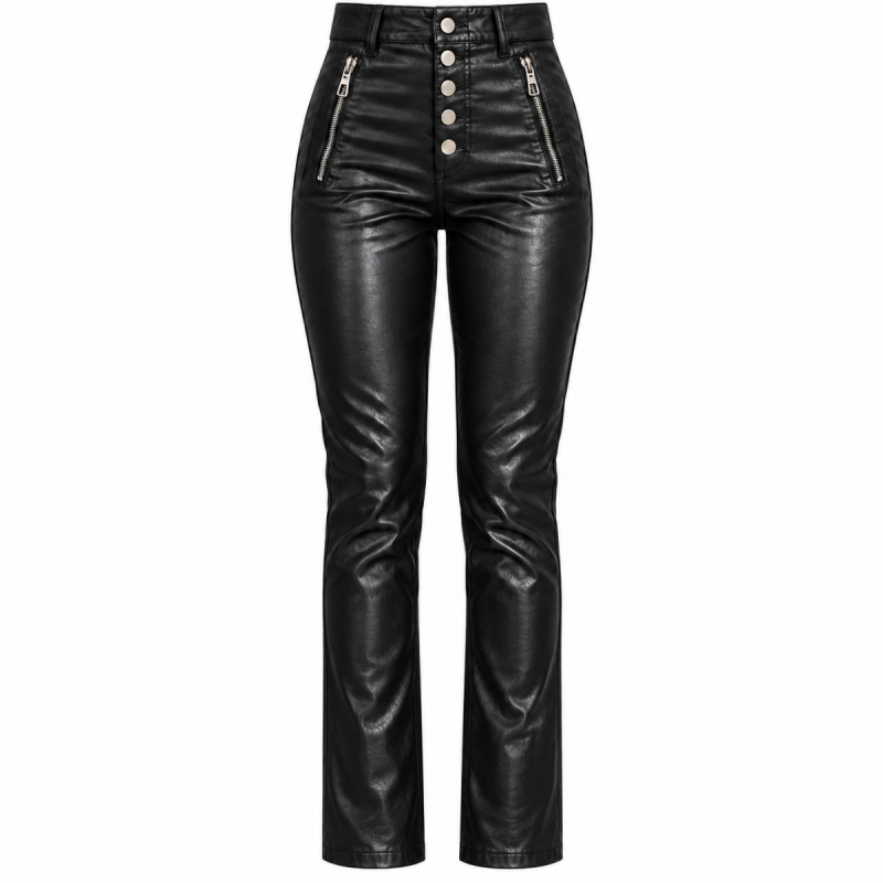 Pantalón de cuero negro de talle alto de estilo motero con bragueta de botones para mujer - Vista 6