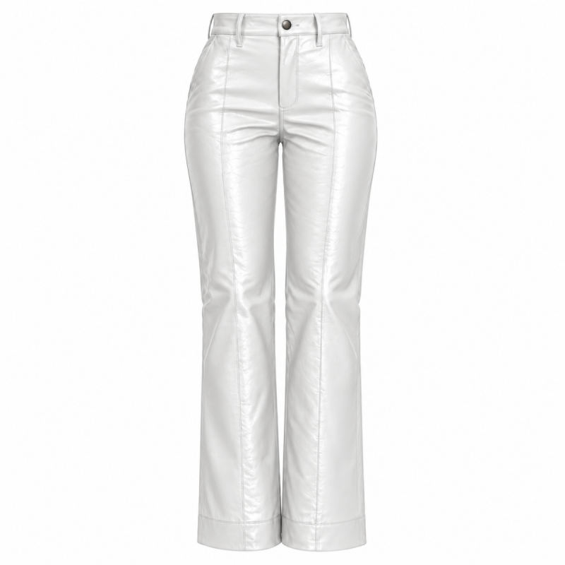 Pantalón de cuero blanco de talle alto y corte acampanado para mujer - Vista 15