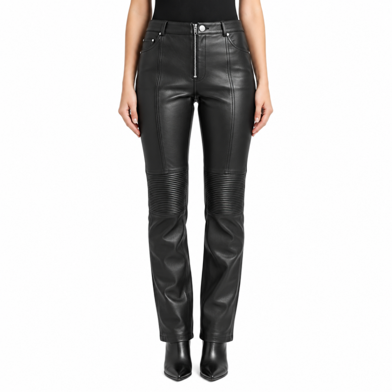 Pantalón motero de cuero negro de corte ajustado con rodillas acanaladas para mujer - Vista 6