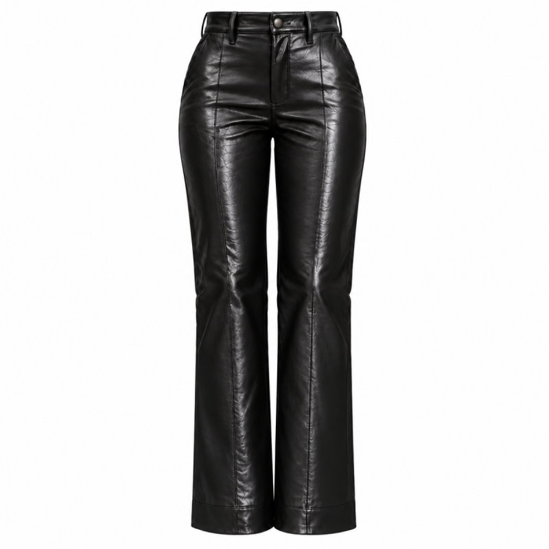 Pantalón de cuero negro de talle alto y corte acampanado para mujer - Vista 5