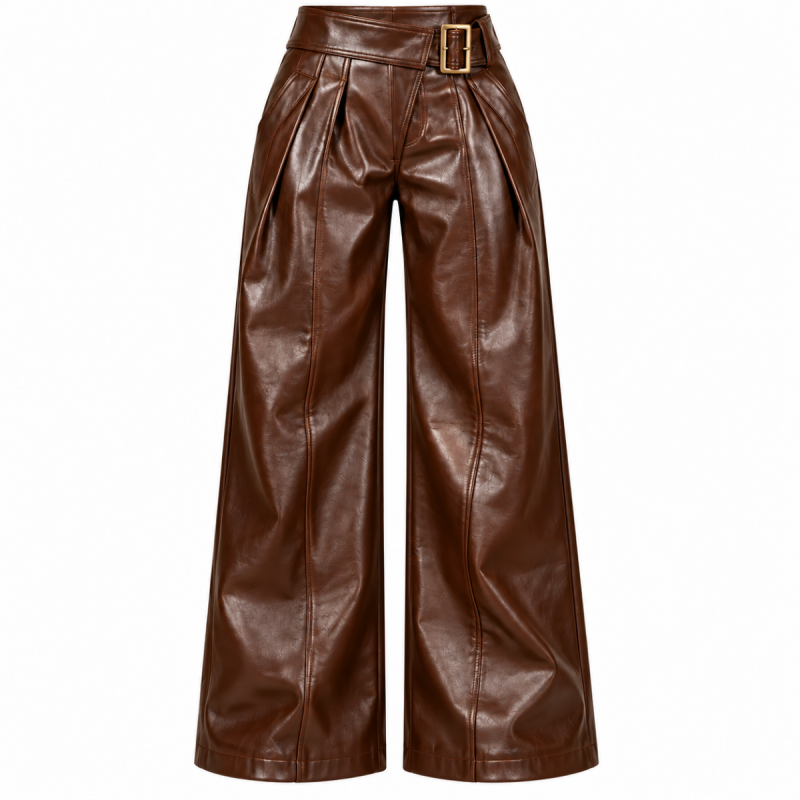 Pantalón de efecto cuero marrón chocolate de pernera ancha con cinturón para mujer - Vista 1
