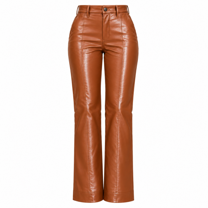 Pantalón de cuero marrón coñac de talle alto y corte acampanado para mujer - Vista 9