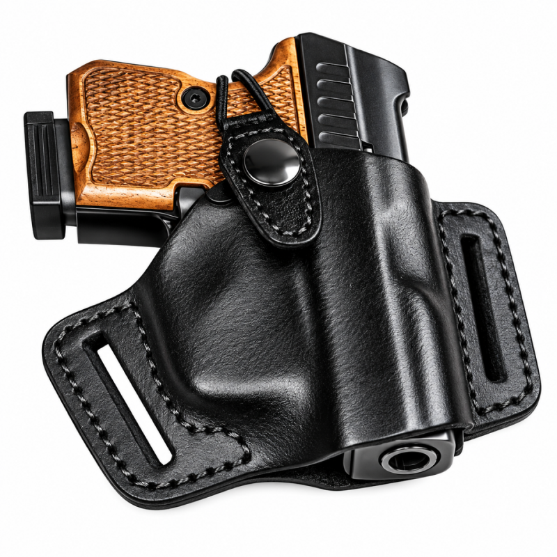 Black leather ZVI Kevin holster with molded body, belt slots and snap strap